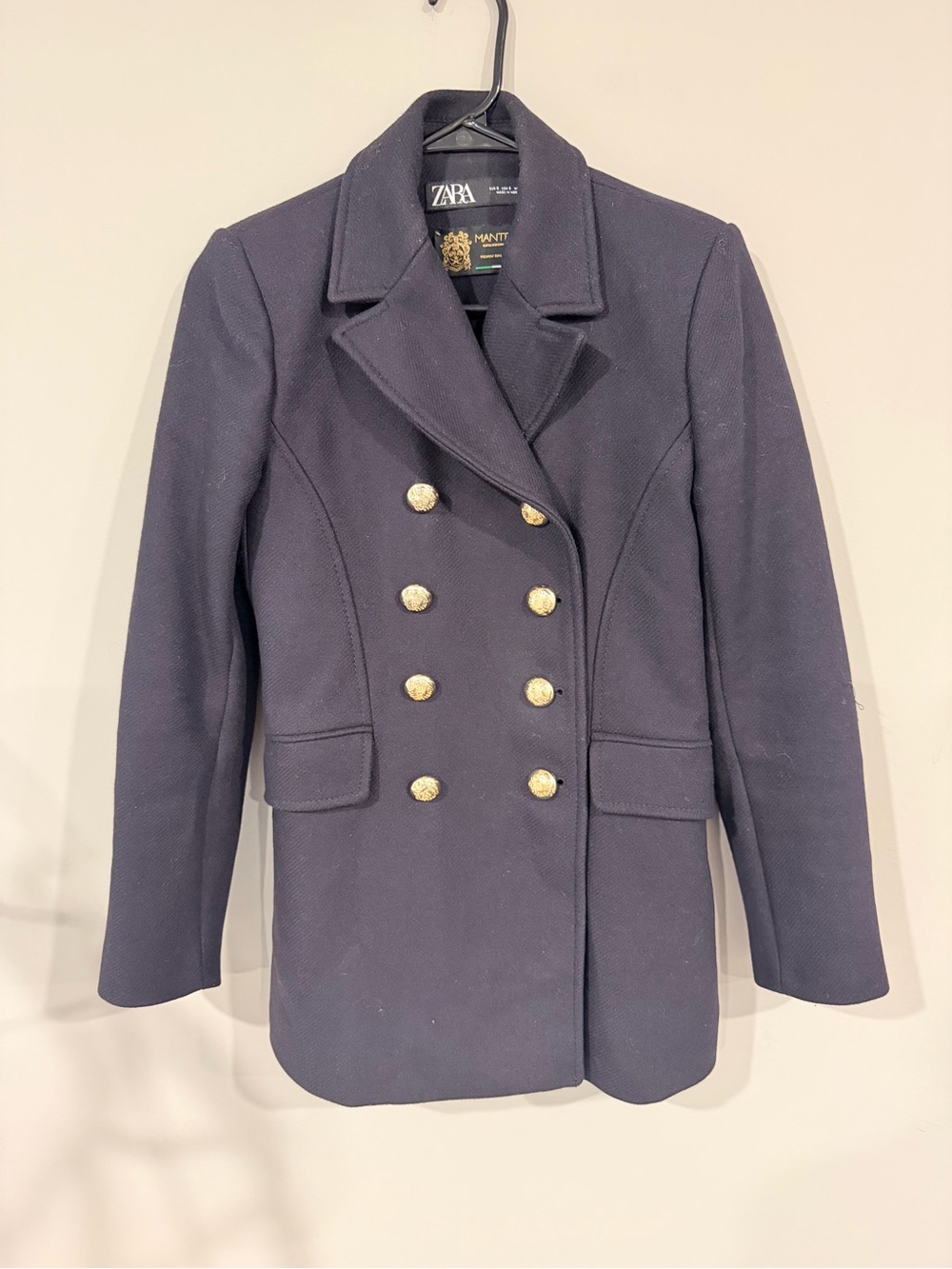 Zara Double-Breasted Black Peacoat with Gold Buttons Size Small